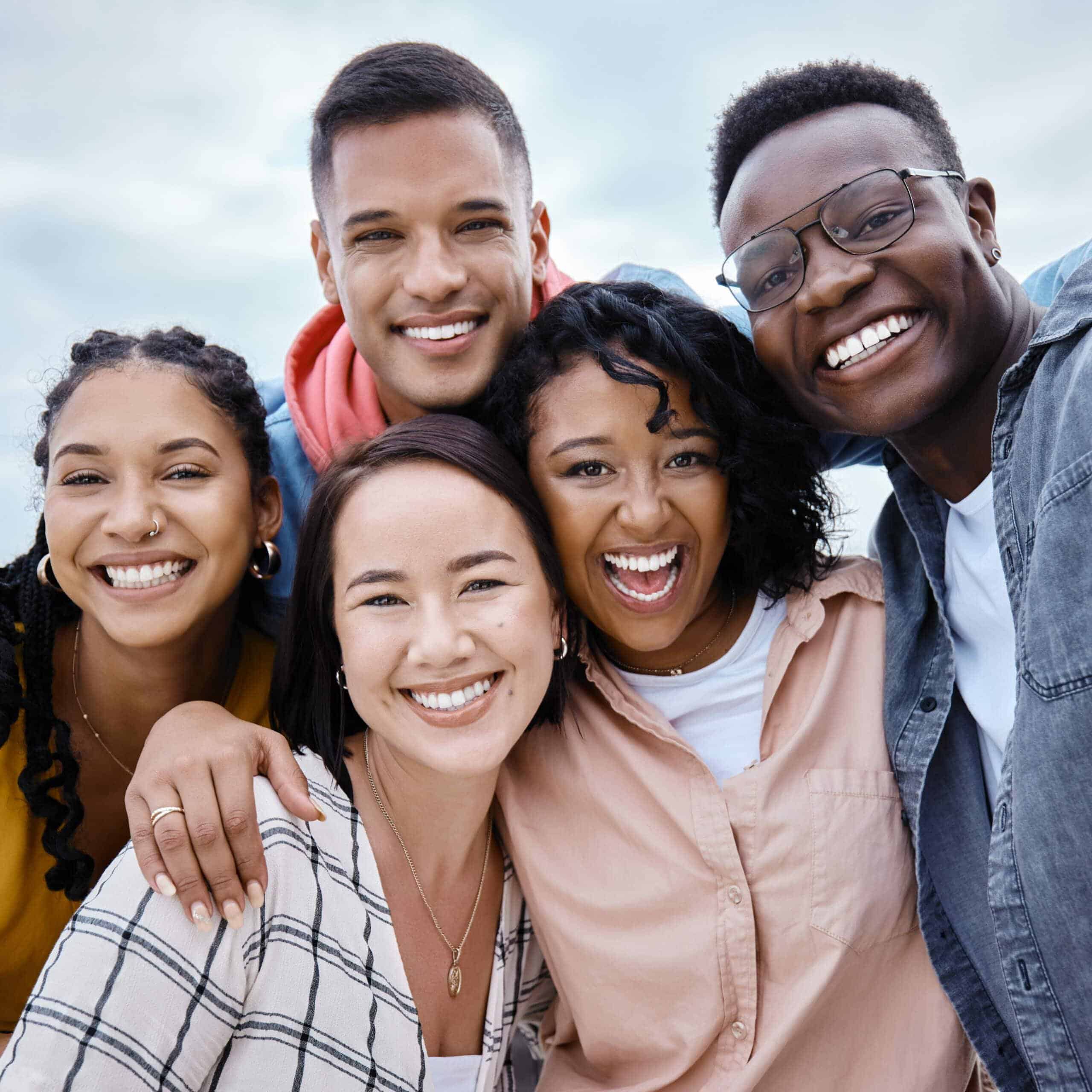 Selfie, diversity and portrait of friends on a holiday while having fun together on weekend trip. Freedom, smile and happy group of diverse people taking a picture while on adventure on a vacation.