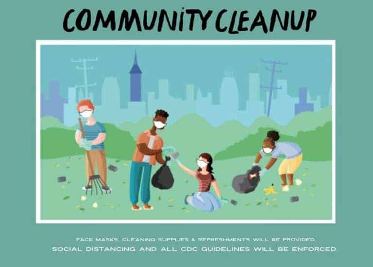 Community clean up flyer. cartoon image of kids cleaning up a park and outting the trash in bags